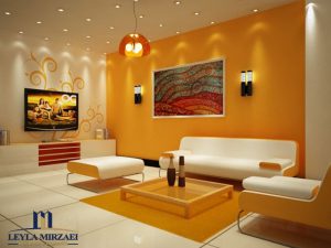 دکوراسیون اتاق نشیمن سفید با رنگ مکمل نارنجی